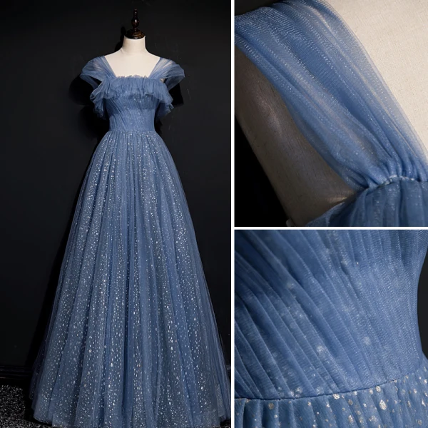 Fashion Ocean Blue Glitter Starry Sky Evening Dresses  Prom Dresses 2021 A-Line / Princess Ruffle Square Neckline Sleeveless Backless Floor-Length / Long Formal Dresses