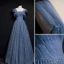 Fashion Ocean Blue Glitter Starry Sky Evening Dresses  Prom Dresses 2021 A-Line / Princess Ruffle Square Neckline Sleeveless Backless Floor-Length / Long Formal Dresses