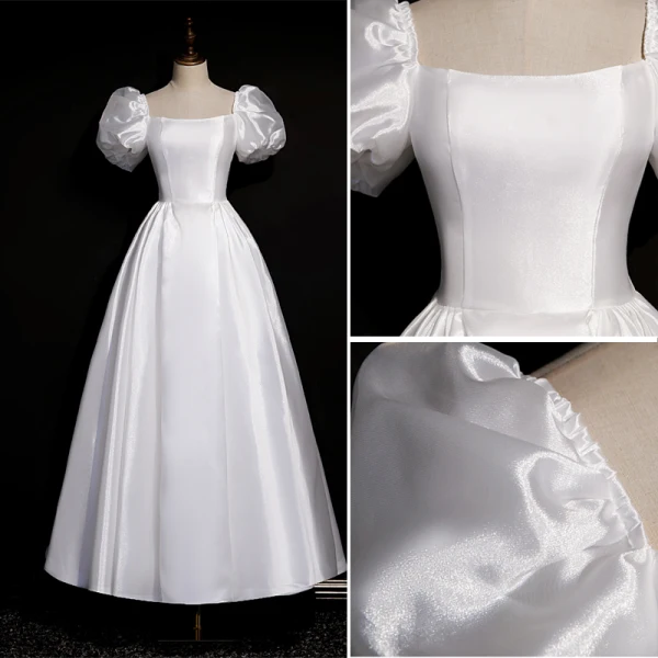 Vintage Schlicht Ivory / Creme Satin Brautkleider / Hochzeitskleider 2021 A Linie Eckiger Ausschnitt Kurze Ärmel Rückenfreies Wadenlang Hochzeit