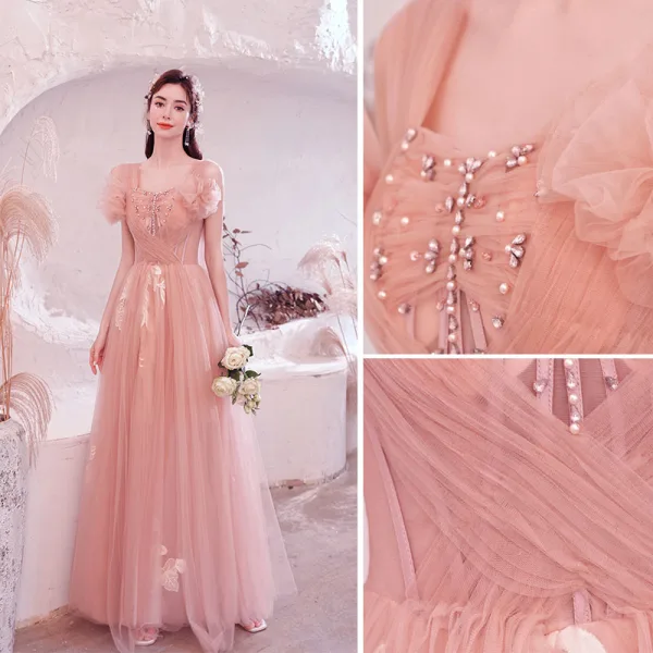 Charming Blushing Pink Pleated Evening Dresses 2021 A-Line / Princess Crossed Straps Pearl Rhinestone Square Neckline Sleeveless Backless Floor-Length / Long Evening Party Formal Dresses