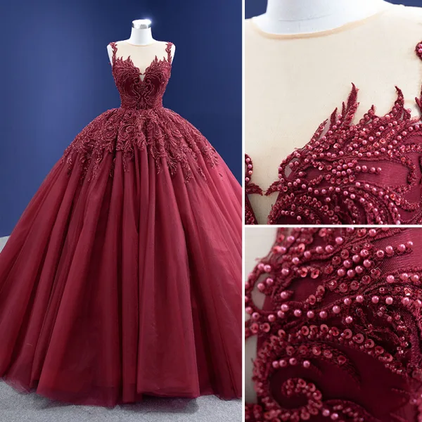 Haut de Gamme Bordeaux Perlage Perle Paillettes En Dentelle Fleur Robe De Bal 2021 Robe Boule Encolure Dégagée Manches Longues Dos Nu Tribunal Train Robe De Ceremonie