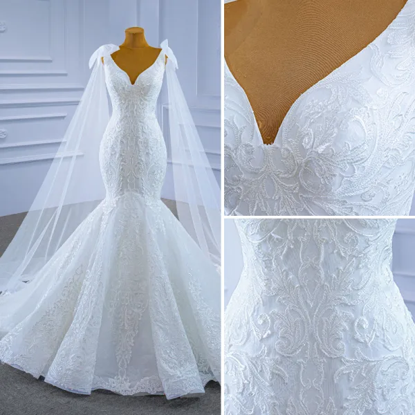 High End Weiß Spitze Blumen Brautkleider / Hochzeitskleider 2021 Meerjungfrau V-Ausschnitt Lange Ärmel Rückenfreies Hof-Schleppe Hochzeit