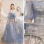 Charmant Bleu Ciel En Dentelle Fleur Robe De Bal 2021 Princesse De l'épaule Ceinture Noeud Manches Courtes Dos Nu Longue Promo Robe De Ceremonie