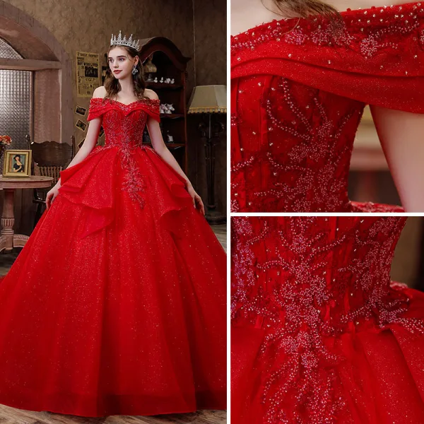 Charming Red Glitter Beading Cascading Ruffles Wedding Dresses 2021 Ball Gown Off-The-Shoulder Short Sleeve Backless Royal Train Wedding