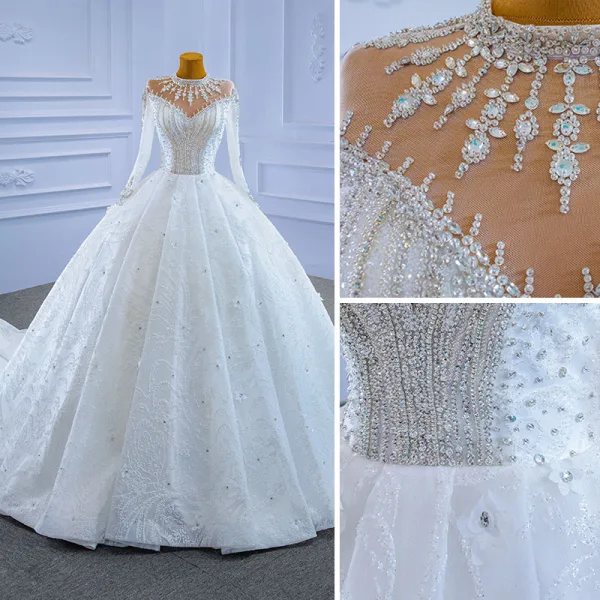 Luxury / Gorgeous High-end Ivory Glitter Beading Crystal Rhinestone Wedding Dresses 2021 Ball Gown High Neck Appliques Sequins 3/4 Sleeve Royal Train