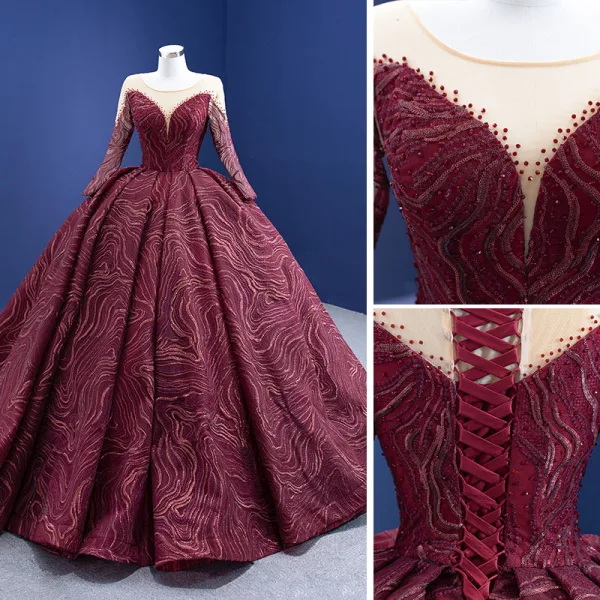 High-end Burgundy Beading Sequins Prom Dresses 2021 Scoop Neck Long Sleeve Court Train Prom Formal Dresses