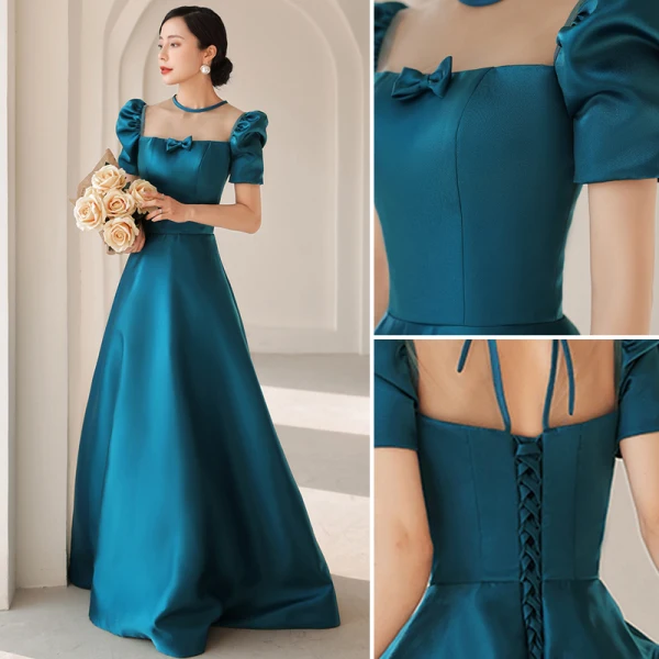 Vintage / Retro Royal Blue Satin Prom Dresses 2021 A-Line / Princess Scoop Neck Short Sleeve Backless Bow Floor-Length / Long Prom Formal Dresses