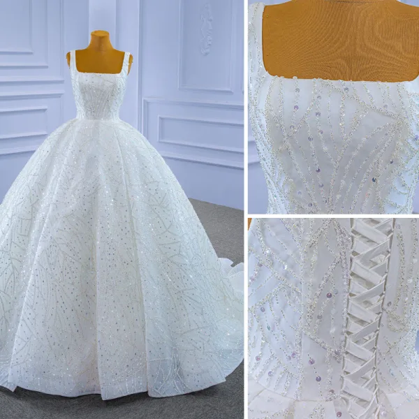 High End Charmant Ivory / Creme Perlenstickerei Strass Pailletten Brautkleider / Hochzeitskleider 2021 Ballkleid Eckiger Ausschnitt Lange Ärmel Rückenfreies Hof-Schleppe Hochzeit