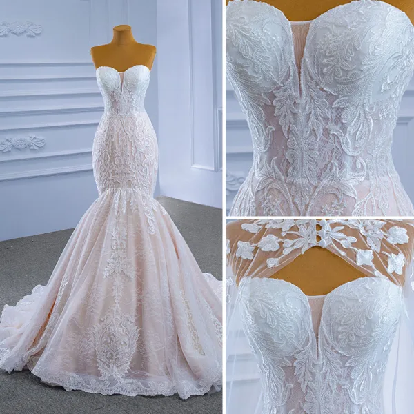 Charming Champagne Beading Lace Flower Wedding Dresses 2021 Trumpet / Mermaid Strapless Long Sleeve Backless Court Train Wedding