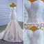 Charming Champagne Beading Lace Flower Wedding Dresses 2021 Trumpet / Mermaid Strapless Long Sleeve Backless Court Train Wedding