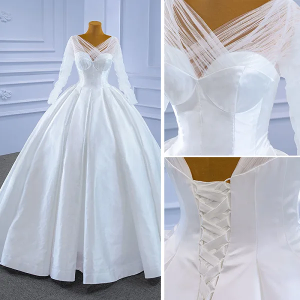 High-end Ivory Ball Gown Wedding Dresses 2021 V-Neck Long Sleeve Backless Chapel Train Wedding