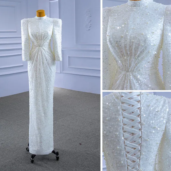 High-end Ivory Corset Wedding Dresses 2021 Trumpet / Mermaid High Neck Beading Pearl Sequins 3/4 Sleeve Floor-Length / Long Wedding