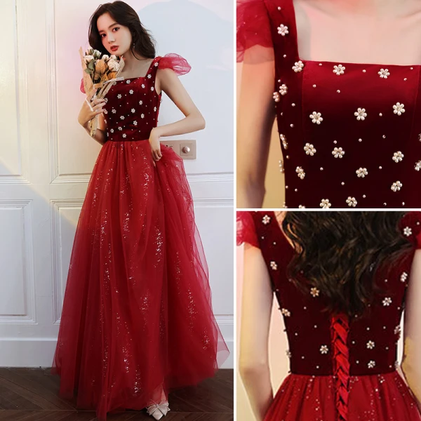Vintage / Retro Red Pearl Sequins Prom Dresses 2021 A-Line / Princess Square Neckline Short Sleeve Backless Floor-Length / Long Prom Formal Dresses
