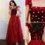 Vintage / Retro Red Pearl Sequins Prom Dresses 2021 A-Line / Princess Square Neckline Short Sleeve Backless Floor-Length / Long Prom Formal Dresses