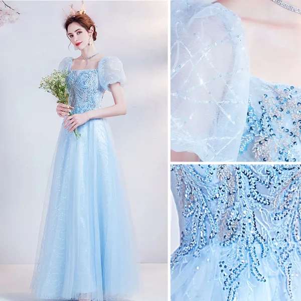 Chic / Belle Bleu Ciel Robe De Bal Robe De Bal 2021 Princesse Encolure Carrée Perlage Perle Paillettes En Dentelle Fleur Manches Courtes Dos Nu Longue Promo Robe De Ceremonie