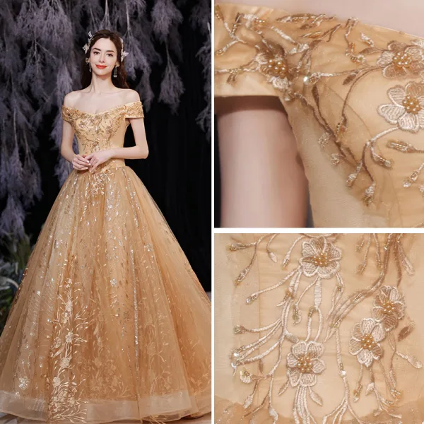 Chic / Belle Doré Robe De Bal 2021 Princesse De l'épaule Sans Manches En Dentelle Fleur Perlage Perle Dos Nu Longue Promo Robe De Ceremonie