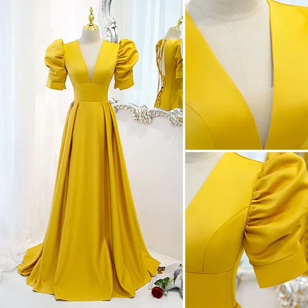 Vintage / Retro Gold Prom Dresses 2021 A-Line / Princess Floor-Length / Long V-Neck Puffy Short Sleeve Backless Prom Formal Dresses