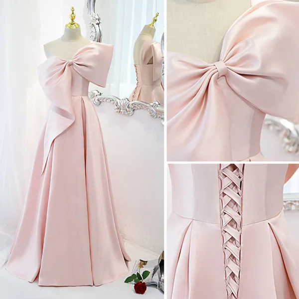 Schön Rosa Satin Ballkleider 2021 A Linie One-Shoulder Schleife Ärmellos Rückenfreies Lange Ball Festliche Kleider