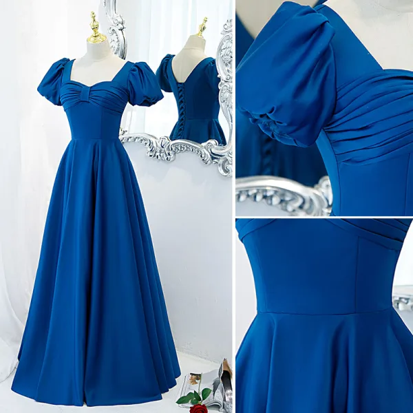 Vintage / Originale Océan Bleu Satin Robe De Bal 2021 Princesse Encolure Carrée Gonflée Manches Courtes Dos Nu Longue Promo Robe De Ceremonie