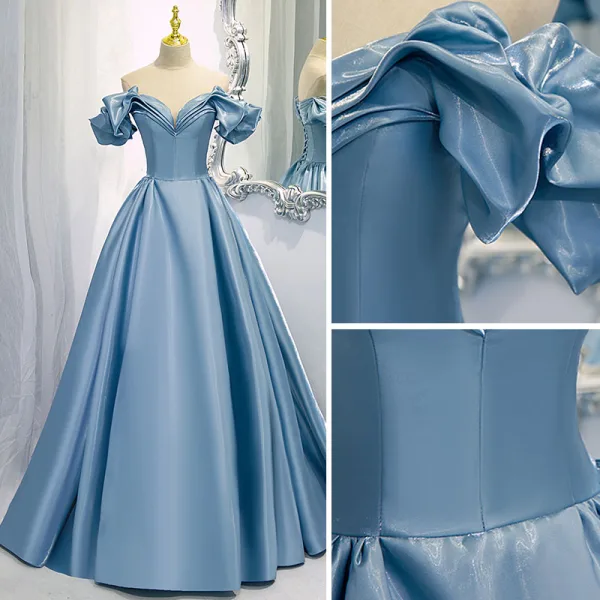 Fashion Sky Blue Satin Prom Dresses 2021 A-Line / Princess Off-The-Shoulder Ruffle Short Sleeve Backless Floor-Length / Long Prom Formal Dresses