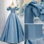 Fashion Sky Blue Satin Prom Dresses 2021 A-Line / Princess Off-The-Shoulder Ruffle Short Sleeve Backless Floor-Length / Long Prom Formal Dresses