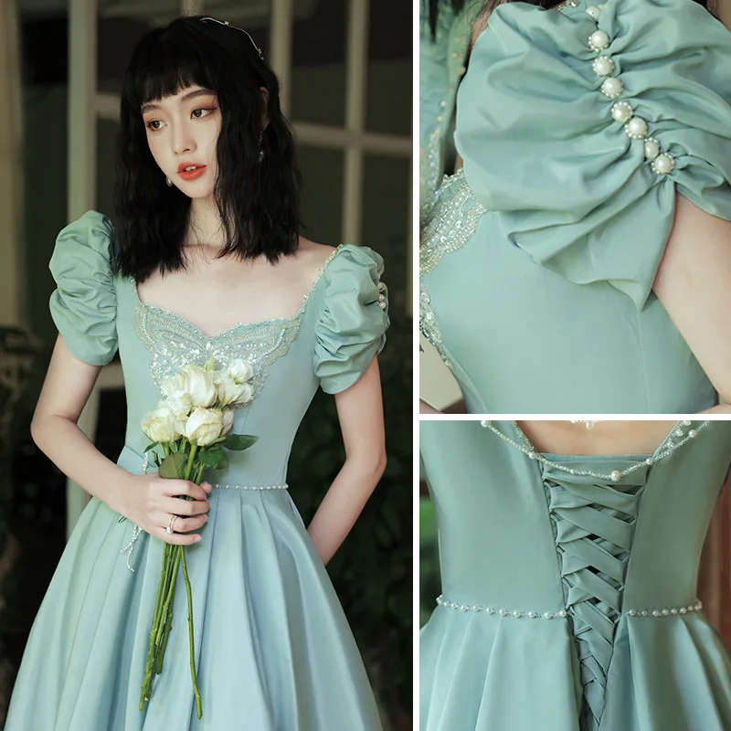 Chic Beautiful Mint Green Homecoming Graduation Dresses 2021 A Line  Princess Square Neckline Beading Pearl Ruffle Short Sleeve Backless Floor  Length Long Formal Dresses