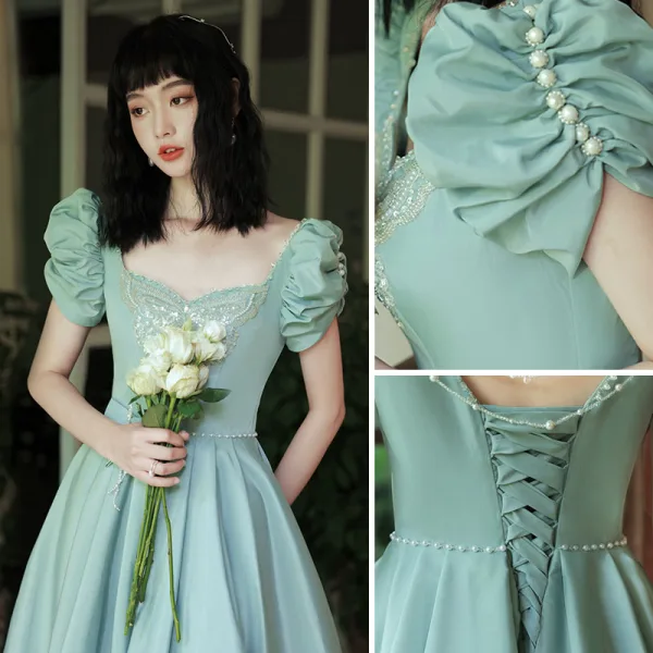 Chic / Beautiful Mint Green Homecoming Graduation Dresses 2021 A-Line / Princess Square Neckline Beading Pearl Ruffle Short Sleeve Backless Floor-Length / Long Formal Dresses