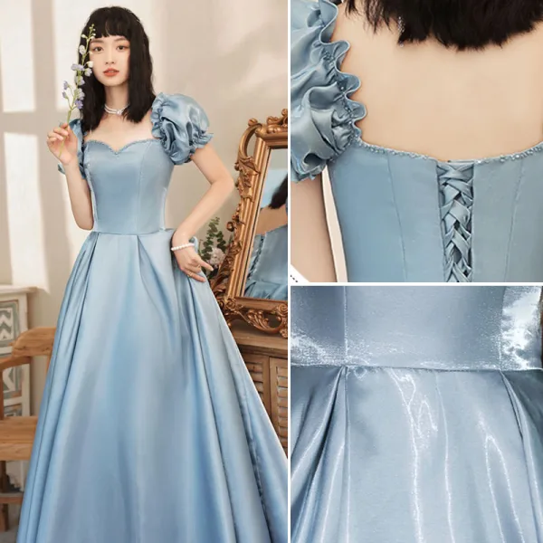 Fashion Sky Blue Prom Dresses 2021 A-Line / Princess Square Neckline Ruffle Short Sleeve Backless Floor-Length / Long Prom Formal Dresses