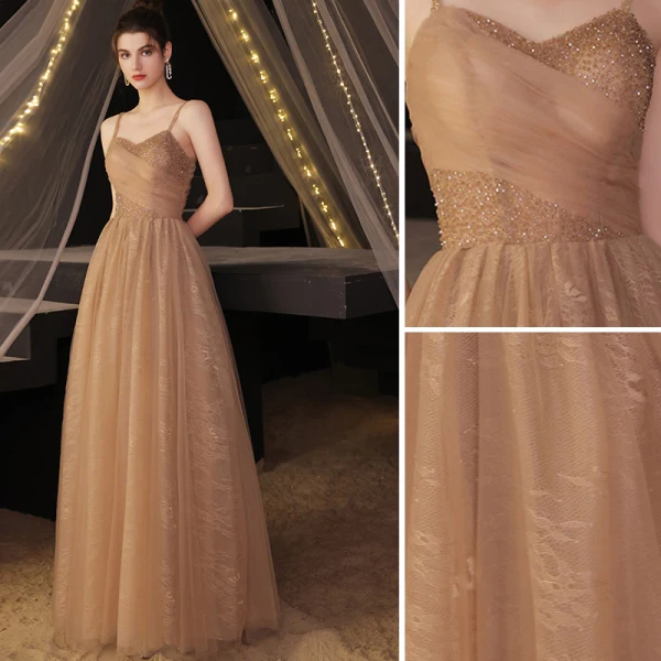 Modern / Fashion Champagne Beading Prom Dresses 2021 A-Line / Princess Spaghetti Straps Sleeveless Backless Floor-Length / Long Prom Formal Dresses