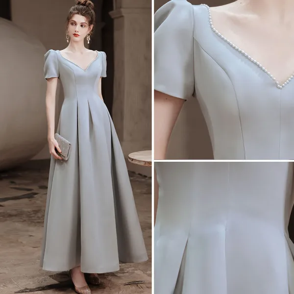 Vintage / Retro Silver Grey Satin Prom Dresses 2021 A-Line / Princess V-Neck Beading Pearl Sequins Short Sleeve Backless Floor-Length / Long Prom Formal Dresses
