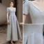 Vintage / Retro Silver Grey Satin Prom Dresses 2021 A-Line / Princess V-Neck Beading Pearl Sequins Short Sleeve Backless Floor-Length / Long Prom Formal Dresses