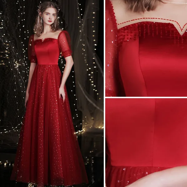 Charming Burgundy Prom Dresses 2021 A-Line / Princess Scoop Neck Beading Sequins Short Sleeve Backless Floor-Length / Long Prom Formal Dresses