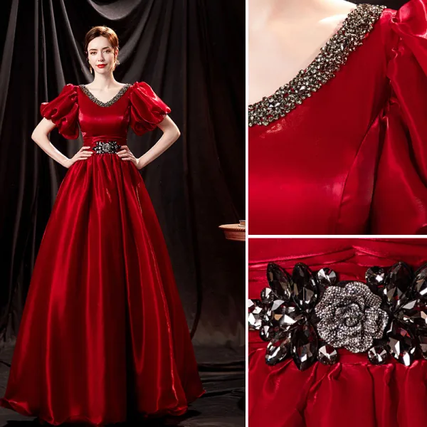 Vintage / Retro Burgundy Satin Prom Dresses 2021 A-Line / Princess V-Neck Rhinestone Bell sleeves Backless Floor-Length / Long Prom Formal Dresses