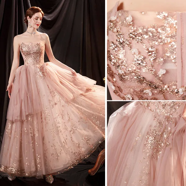 Charmant Rougissant Rose Robe De Bal 2021 Princesse Bustier Sans Manches Dos Nu Perlage Paillettes Longue Promo Robe De Ceremonie