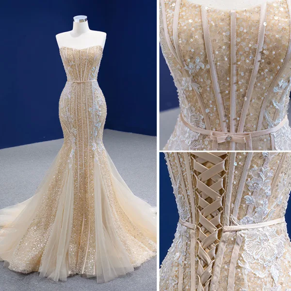 Sexy Charmant Champagne Perlage Trompette / Sirène Robe De Mariée 2021 Sans Manches Perle En Dentelle Fleur Noeud Ceinture Paillettes Bustier
