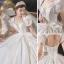 Vintage / Originale Simple Ivoire Perle Satin Robe De Mariée 2021 Robe Boule Encolure Carrée Manches Courtes Dos Nu Noeud Royal Train Mariage