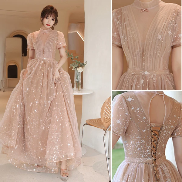 Fashion Champagne Bridesmaid Dresses 2021 A-Line / Princess Square Neckline Star Lace Sequins Bow Short Sleeve Backless Floor-Length / Long Bridesmaid Wedding Party Dresses
