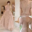 Fashion Champagne Bridesmaid Dresses 2021 A-Line / Princess Square Neckline Star Lace Sequins Bow Short Sleeve Backless Floor-Length / Long Bridesmaid Wedding Party Dresses