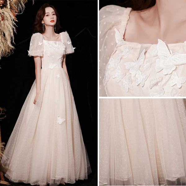 Elegant Champagne Lace Butterfly Prom Dresses 2021 A-Line / Princess Square Neckline Short Sleeve Backless Floor-Length / Long Prom Formal Dresses