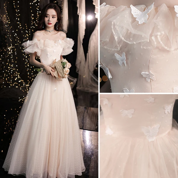 Modern / Fashion Champagne Lace Butterfly Prom Dresses 2021 A-Line / Princess Off-The-Shoulder Puffy Short Sleeve Backless Floor-Length / Long Prom Formal Dresses