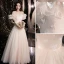 Modern / Fashion Champagne Lace Butterfly Prom Dresses 2021 A-Line / Princess Off-The-Shoulder Puffy Short Sleeve Backless Floor-Length / Long Prom Formal Dresses