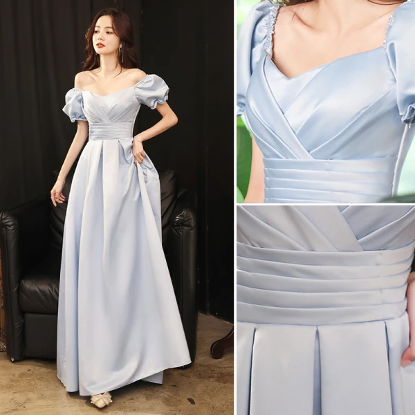 Vintage / Retro Sky Blue Prom Dresses 2021 A-Line / Princess Square Neckline Puffy Short Sleeve Backless Floor-Length / Long Prom Formal Dresses