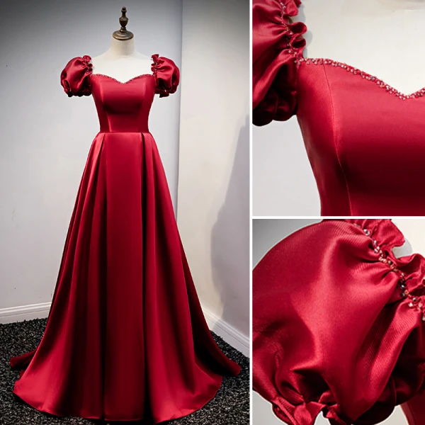 Vintage / Retro Burgundy Satin Prom Dresses 2021 A-Line / Princess Rhinestone Square Neckline Cap Sleeves Backless Floor-Length / Long Formal Dresses
