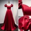 Vintage / Retro Burgundy Satin Prom Dresses 2021 A-Line / Princess Rhinestone Square Neckline Cap Sleeves Backless Floor-Length / Long Formal Dresses
