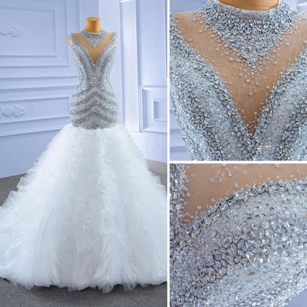 High-end White Glitter Wedding Dresses 2021 Trumpet / Mermaid Scoop Neck Beading Crystal Sequins Sleeveless Chapel Train Wedding