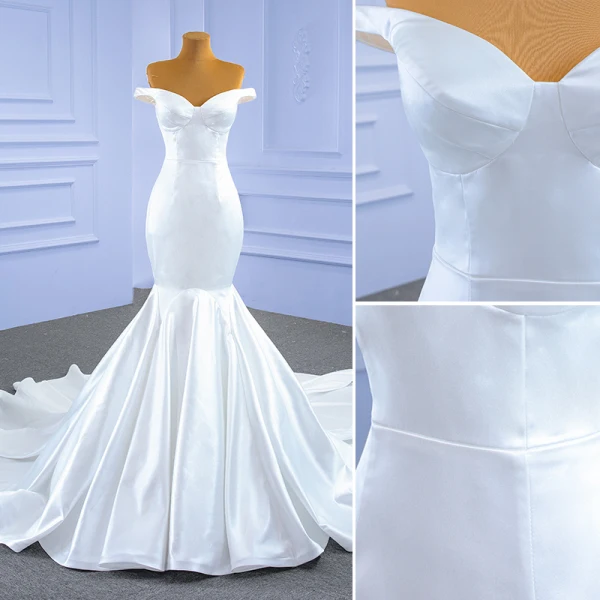 Vintage / Retro Ivory Satin Wedding Dresses 2021 Trumpet / Mermaid Off-The-Shoulder Sleeveless Backless Royal Train Wedding
