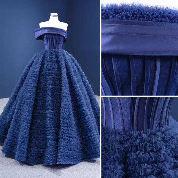 Vintage / Retro Navy Blue Ruffle Prom Dresses 2021 Ball Gown Off-The-Shoulder Sleeveless Backless Floor-Length / Long Prom Formal Dresses