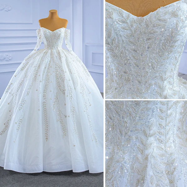 High-end White Wedding Dresses 2021 Ball Gown Off-The-Shoulder Beading Sequins Lace Flower Long Sleeve Backless Royal Train Wedding