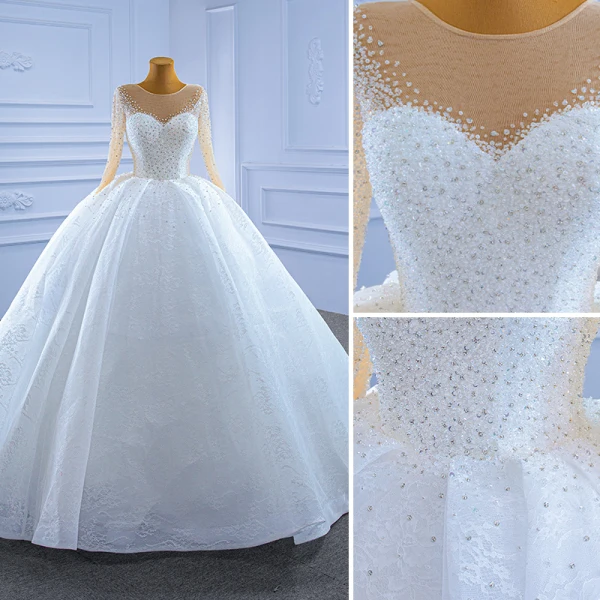 Elegant High-end White Wedding Dresses 2021 Ball Gown Scoop Neck Beading Pearl Sequins Long Sleeve Chapel Train Wedding