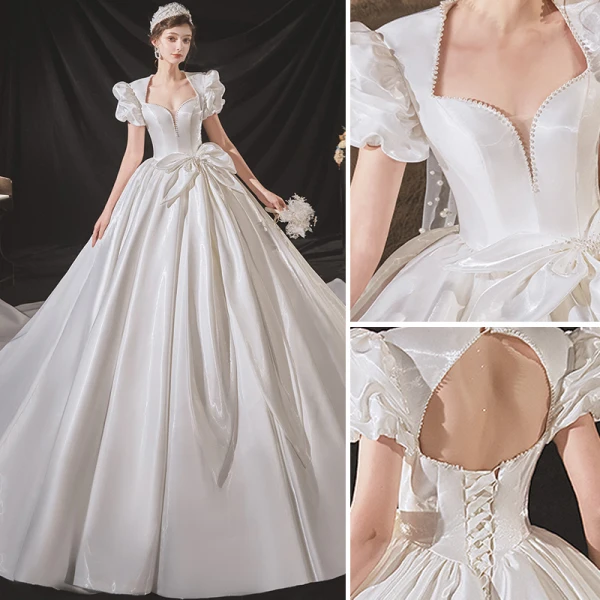 Style Victorien Vintage / Originale Ivoire Satin Robe De Mariée 2021 Robe Boule Perle Encolure Carrée Gonflée Manches Courtes Noeud Dos Nu Royal Train Mariage